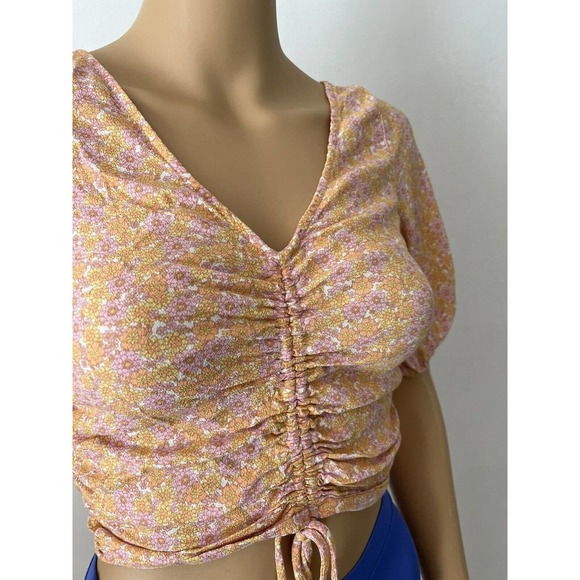 H&M Pink Yellow Cottagecore Floral Print Smocked Peasant Style Crop Top Sz Small - Picture 4 of 6